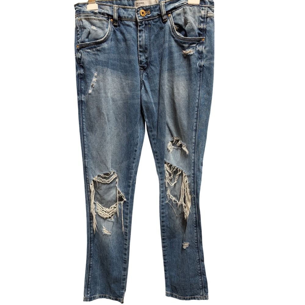 Zara TRF Denim Womens Distressed Slim Straight Blue Jeans Medium Wash Size 4